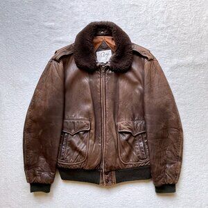 Vintage Men's Remy Brown Leather Bomber Aviator Jacket with Fur Collar 44"